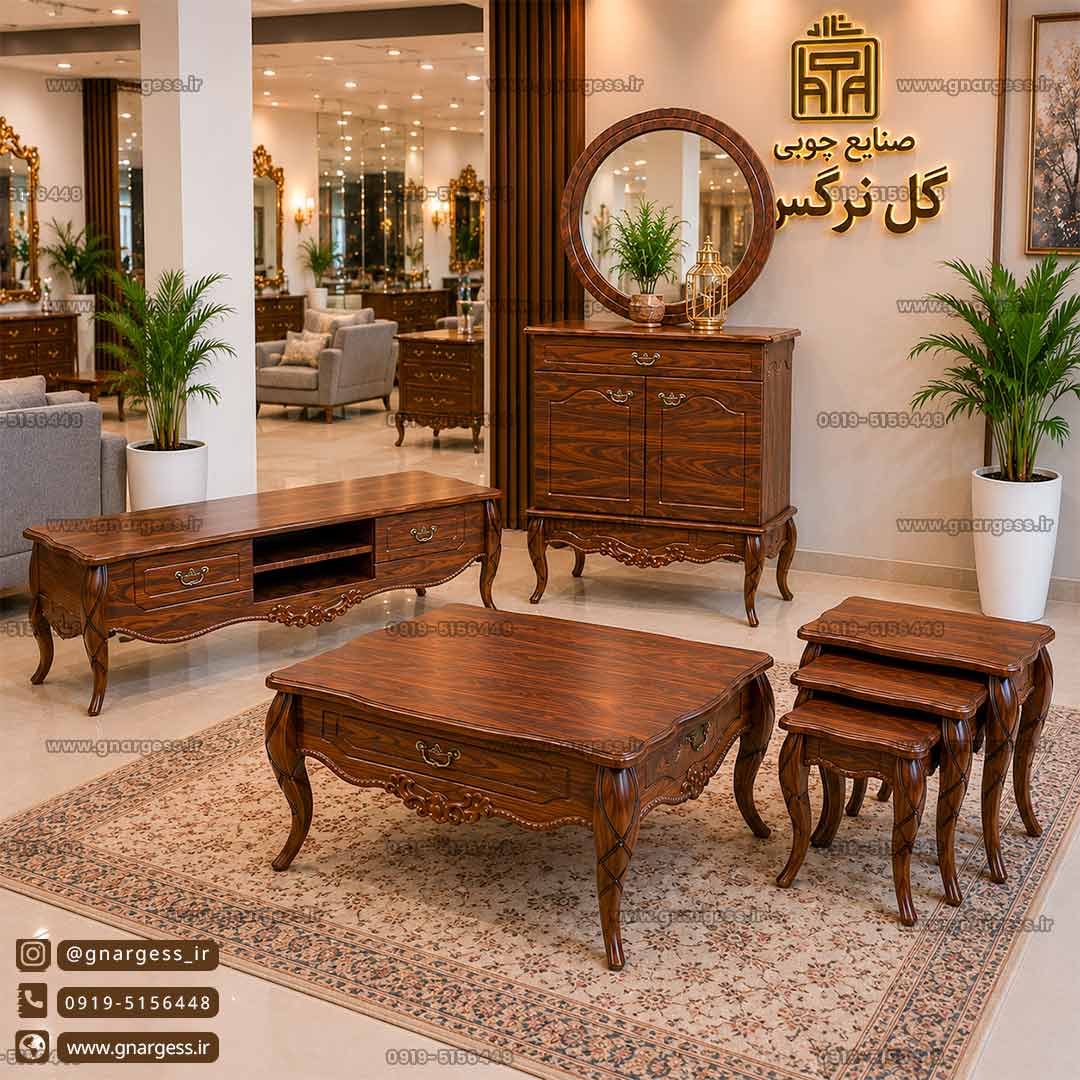 ست آینه کنسول و کنسول جاکفشی پیچک سرویس کنسول جاکفشی،میز تی وی و میز جلومبلی و عسلی طرح پیچک 6 و 7تیکه - Image 1