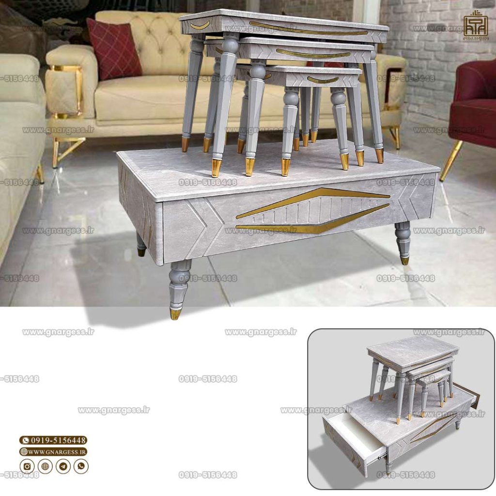 میز جلو مبلی و میز عسلی مدل الیزابت با پایه کونیک فلزی - Image 1