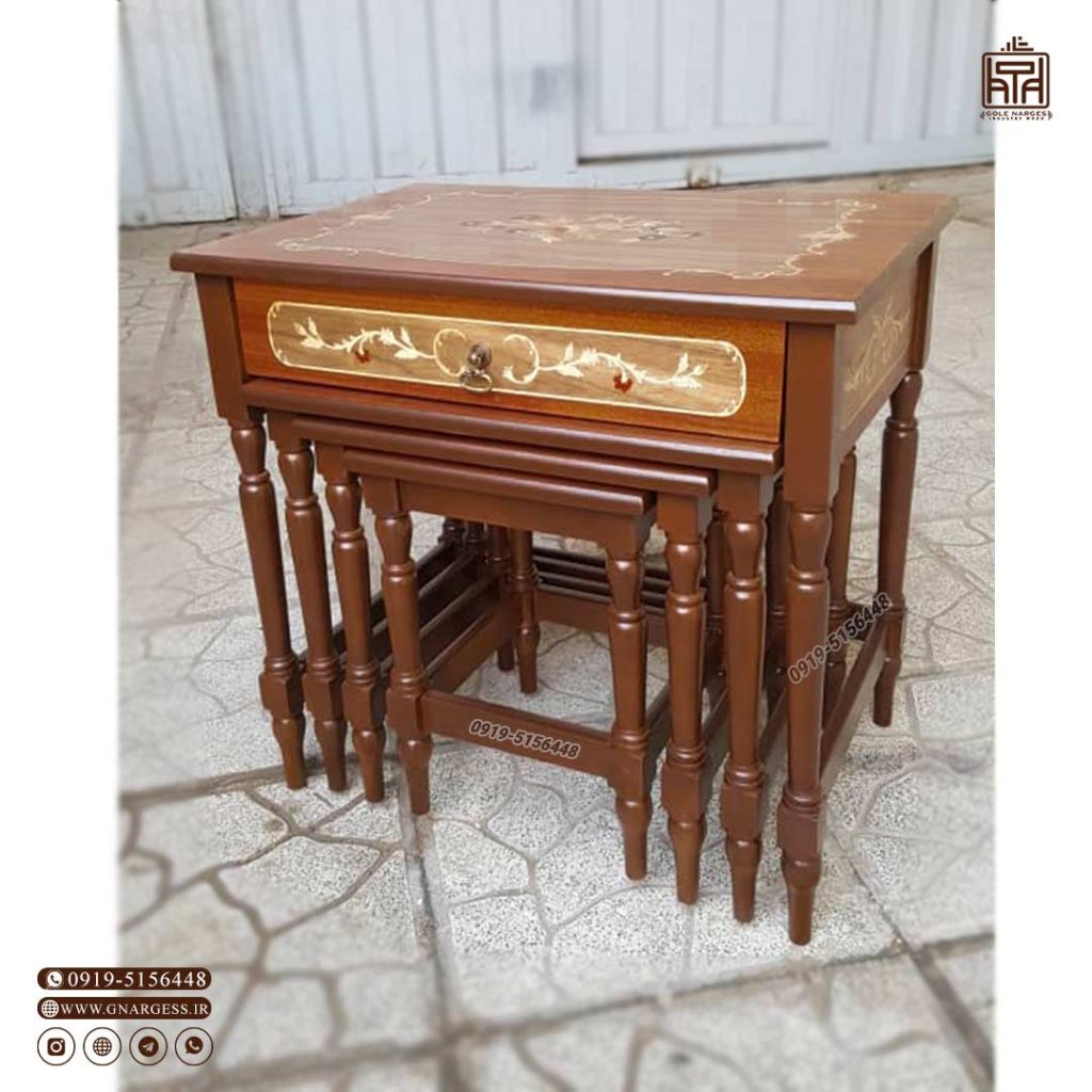 میز عسلی 4 تکه کشودار چوبی خراطی در طرح ساده و معرق - Image 1