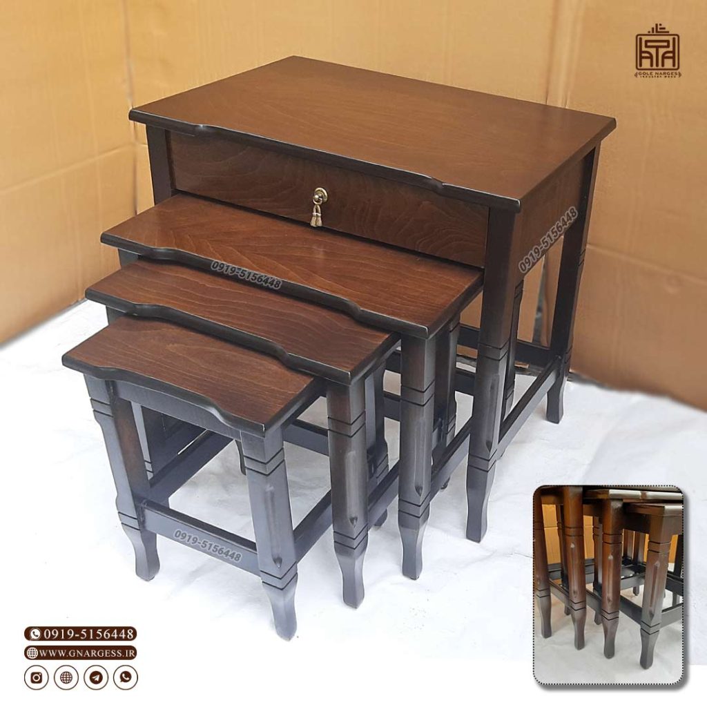 میز عسلی 4 تکه کشودار چوبی خراطی در طرح ساده و معرق - Image 3