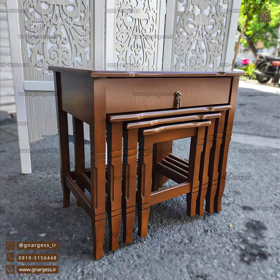 میز عسلی 4 تکه کشودار چوبی خراطی میز عسلی 4 تکه کشودار چوبی خراطی - Image 1