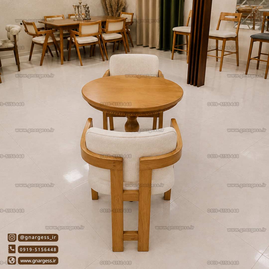 میز ناهار خوری مینیمال 2 نفره چوبی با صندلی اچ راش دسته دار (فروش ویژه) - Image 1