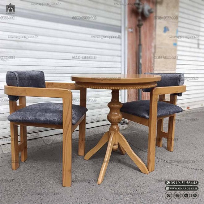 حراج پاییزی میز ناهارخوری چوبی دو نفره با صندلی راش مینیمال طرح اچ دسته دار