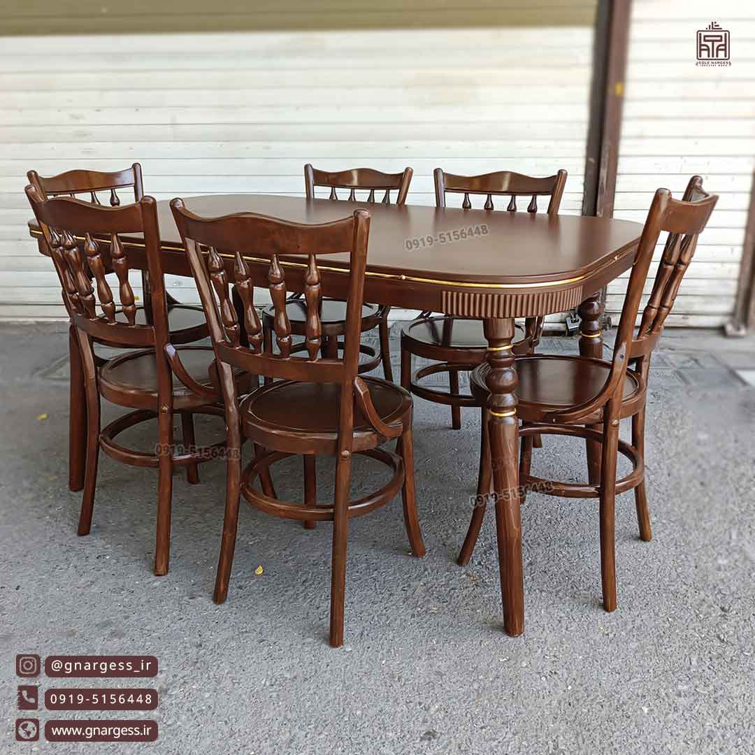 میز ناهارخوری 6 نفره کنزو با صندلی لهستانی خراطی چوب راش و توسکا چوبی - Image 4