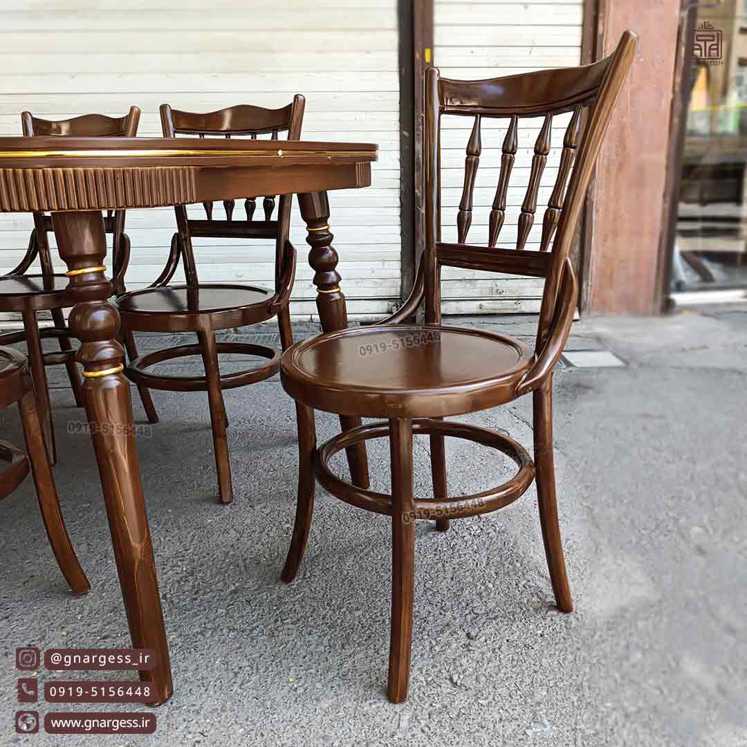 میز ناهارخوری 6 نفره کنزو با صندلی لهستانی خراطی چوب راش و توسکا چوبی - Image 3