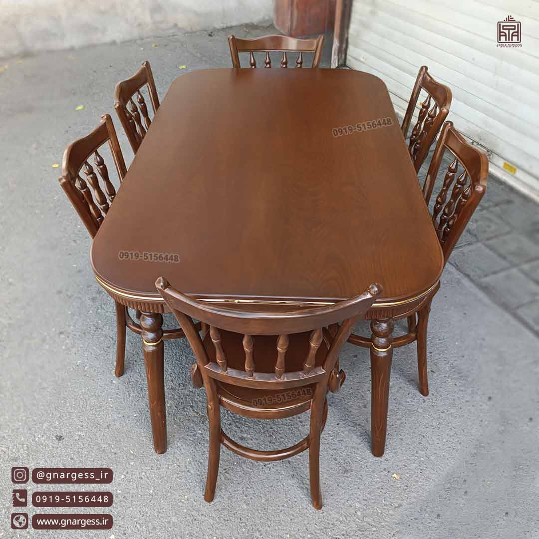 میز ناهارخوری 6 نفره کنزو با صندلی لهستانی خراطی چوب راش و توسکا چوبی - Image 2
