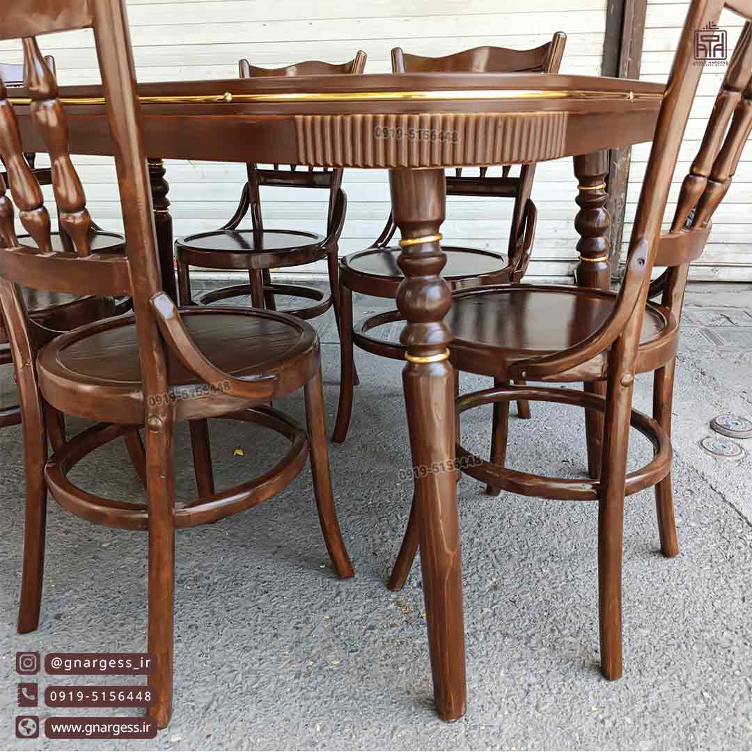 میز ناهارخوری 6 نفره کنزو با صندلی لهستانی خراطی چوب راش و توسکا چوبی - Image 6