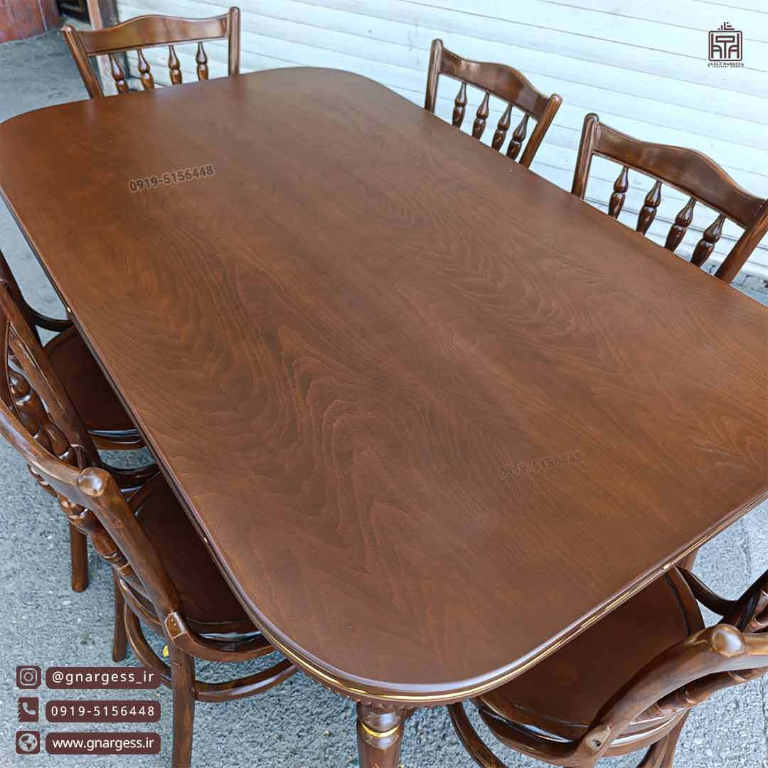 میز ناهارخوری 6 نفره کنزو با صندلی لهستانی خراطی چوب راش و توسکا چوبی - Image 5