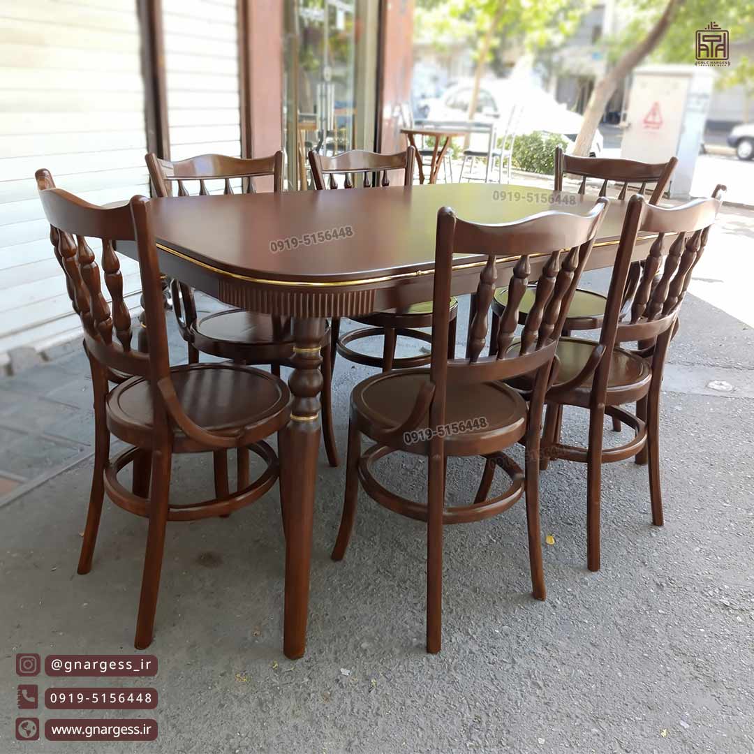 میز ناهارخوری 6 نفره کنزو با صندلی لهستانی خراطی چوب راش و توسکا چوبی - Image 1