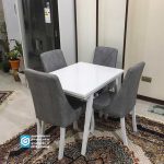 میز غذا خوری 4 نفره چوبی ماهان با صندلی مبلی مرینوس - Image 4