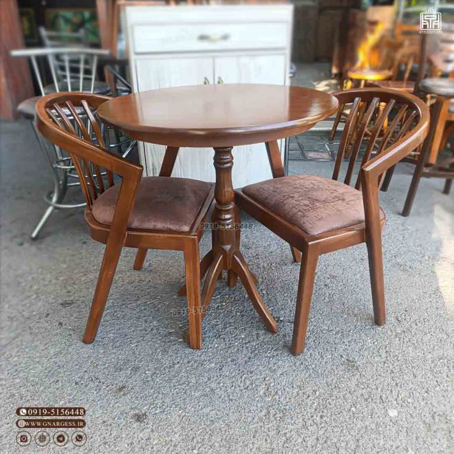 میز غذاخوری 2نفره چوبی با صندلی سبدی راش دسته دار