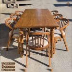 میز ناهار خوری چوبی 6 نفره راش با صندلی سبدی دسته دار با تنوع میز چوبی - Image 6