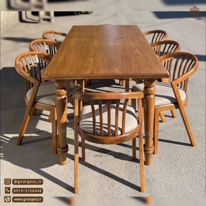 میز ناهارخوری 8 نفره چوبی با صندلی چوب راش سبدی و میز چوب نراد