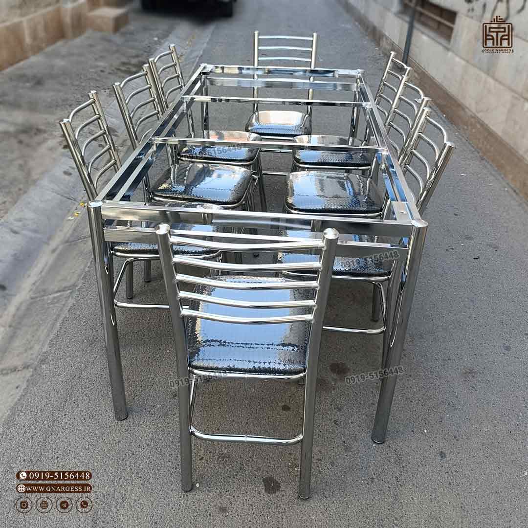 میز ناهار خوری فلزی 8 نفره مهسا چرمی با میز فلزی مدل بیتا صفحه شیشه ایی - Image 3
